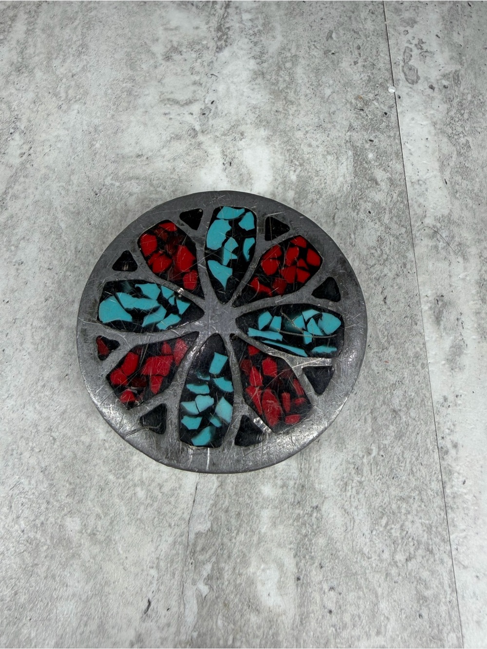 Vintage Turquoise Coral Inlaid Belt Buckle Southwestern Native Accessory